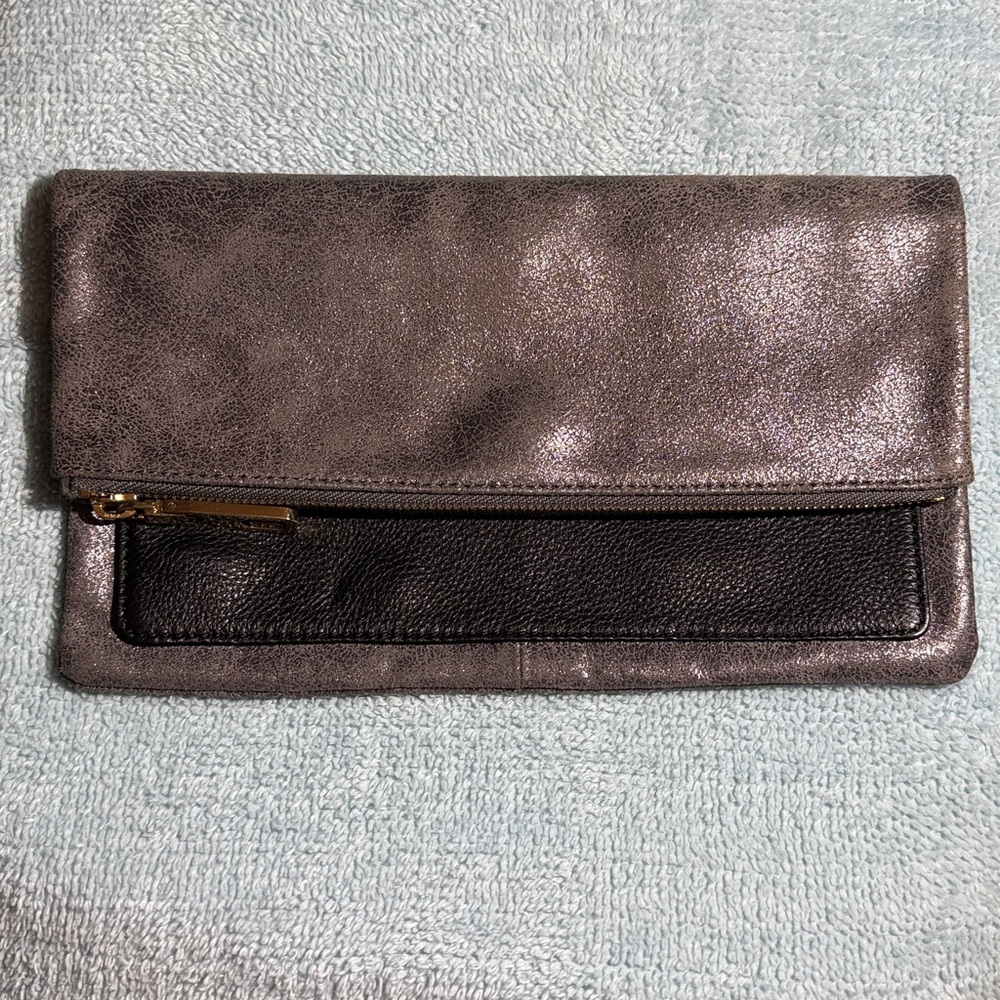 Elegant Brushed Pewter and Black Women's Clutch EUC leather